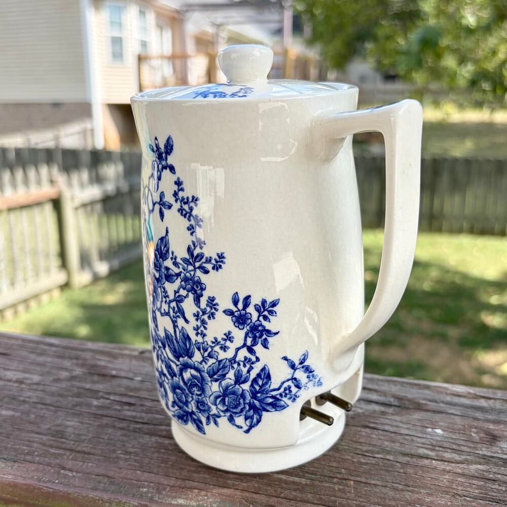 Vintage Circle M Japan Ceramic Electric Teapot Kettle Blue Floral NO CORD